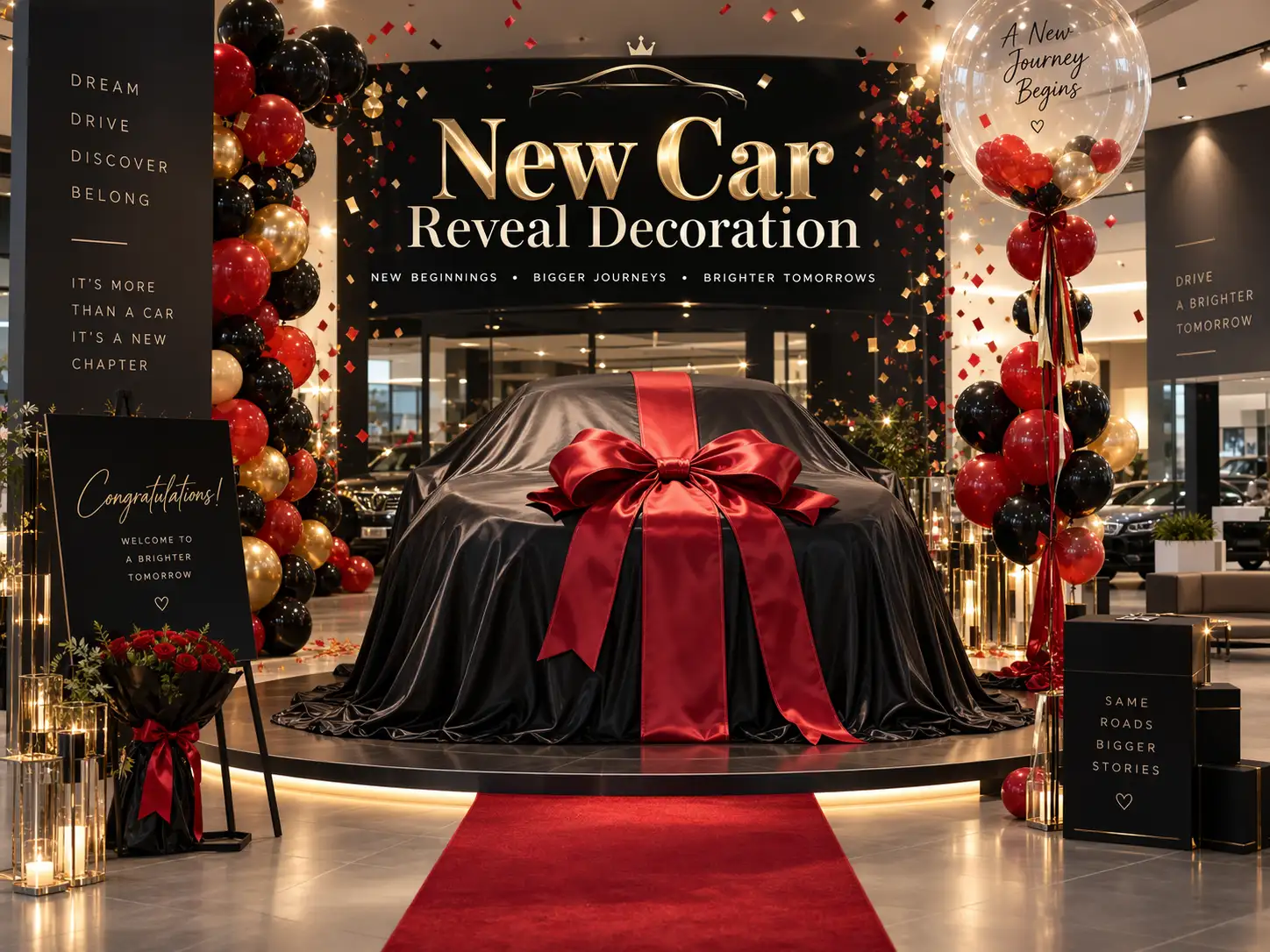 New car delivery reveal box and balloon decoration