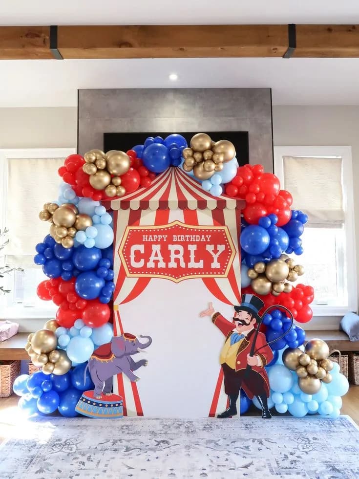 Carnival Circus Birthday Photo Backdrop — Custom Circus Tent Arch with Balloon Frame & Character Cutouts